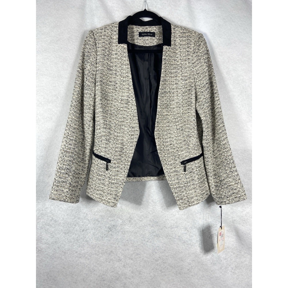 Ivanka Trump Jacket Women's 10 Black White Open Blazer Long Sleeves Tweed New